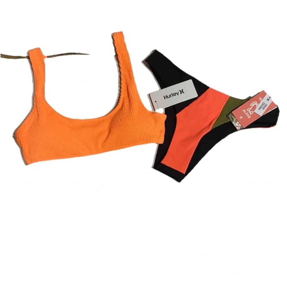 Hurley Bikini Set Women’s XS/S Orange Black Cheeky Coverage 2 Piece Swimsuit